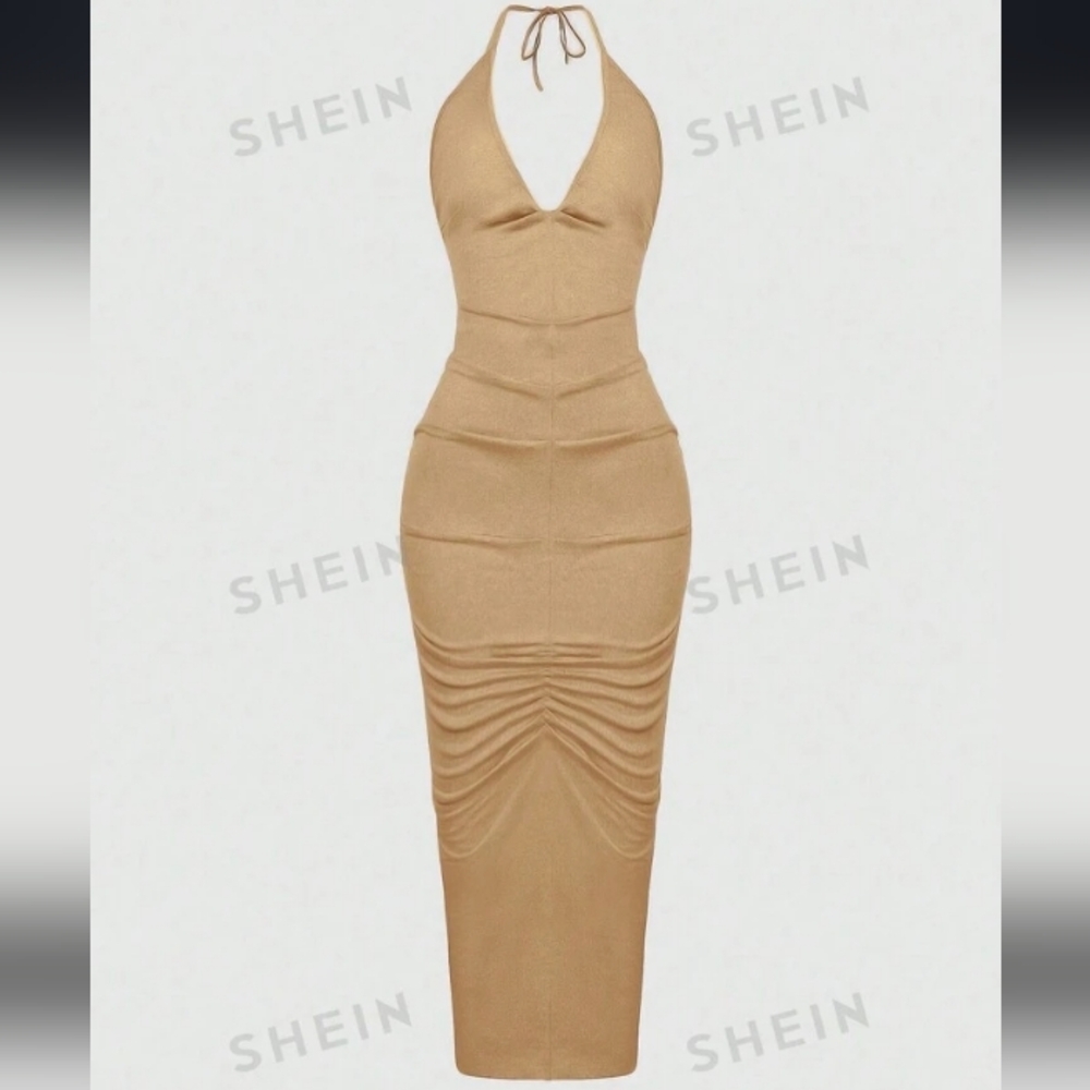 Runched halter top nude dress (backless)